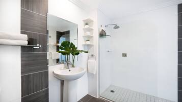 Shower, hair dryer, towels