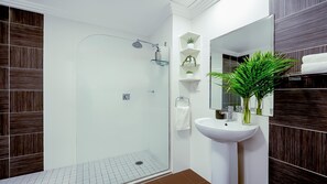 Shower, hair dryer, towels, shampoo