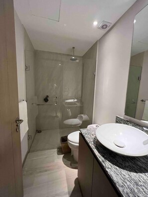 Hair dryer, towels, soap, shampoo