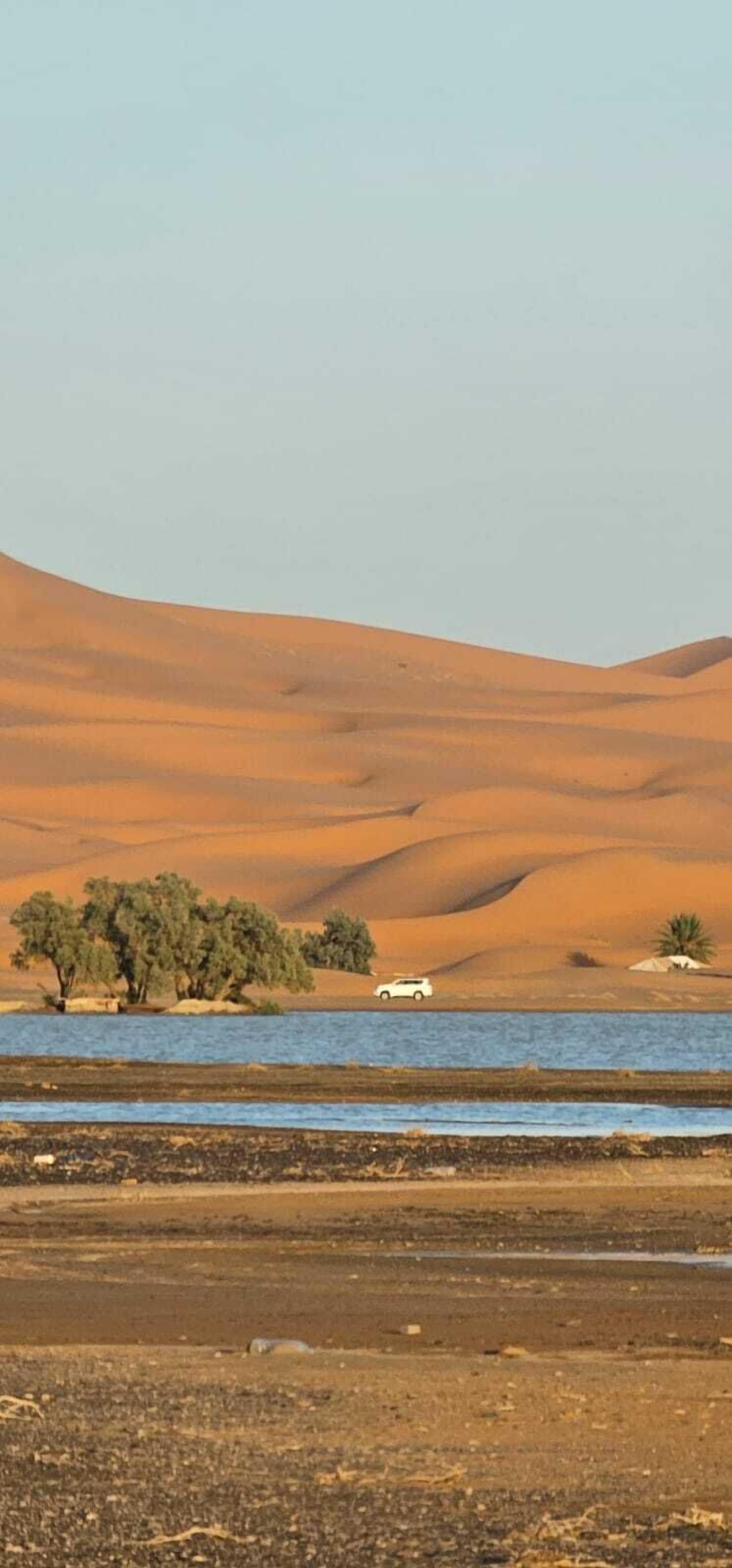 Wüstenlandschaft mit Sanddünen, einem Gewässer und einem weißen Fahrzeug.