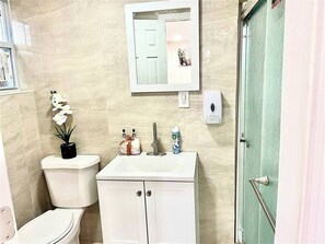 Dusche, Haartrockner, Handtücher, Seife