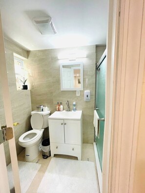 Shower, hair dryer, towels, soap