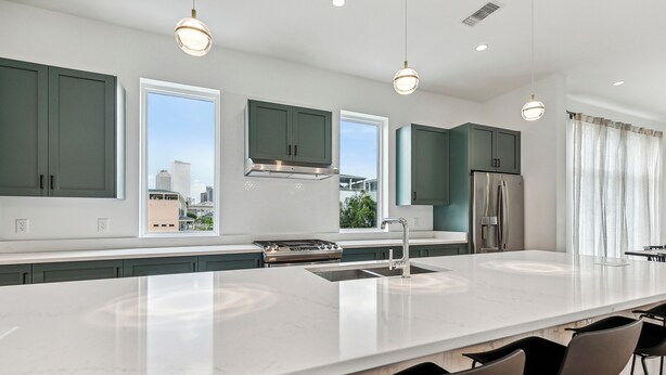 A modern kitchen with a large island, dark green cabinets, stainless steel appliances, and a view of the city. - The Revelry (New Orleans)