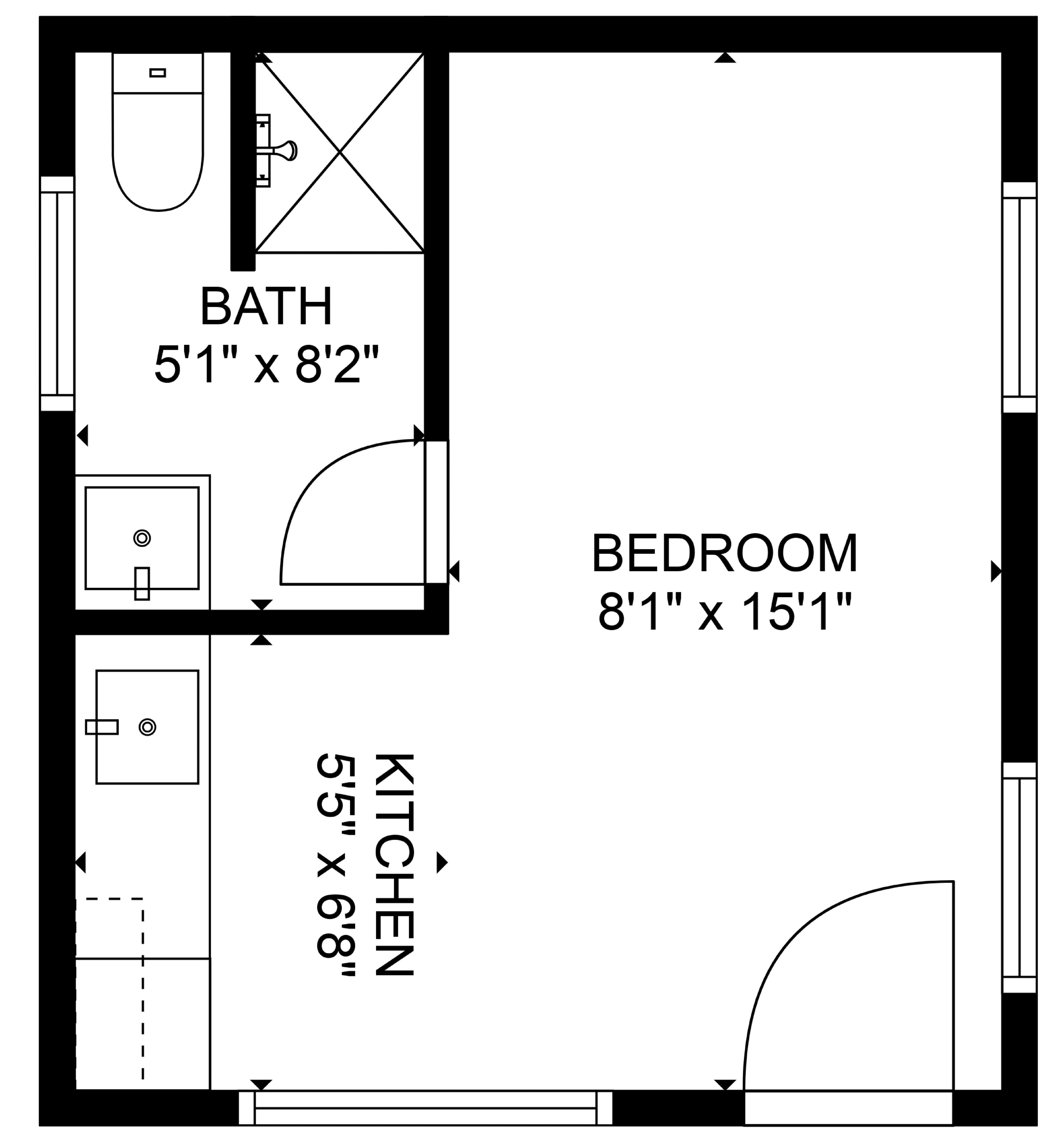 A floor plan of a room with a bathroom measuring 5'1" x 8'2", a bedroom measuring 8'1" x 15'1", and a kitchen measuring 5'8" x 6'8".