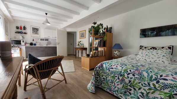 1 chambre, bureau, fer et planche à repasser, lit parapluie