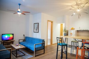 Een smart-tv, een open haard en boeken