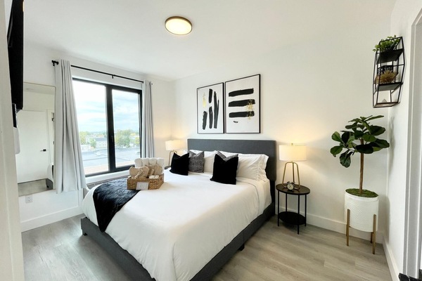 Modern bedroom king bed, memory foam, 55" TV, Roku, blackout curtains city view.