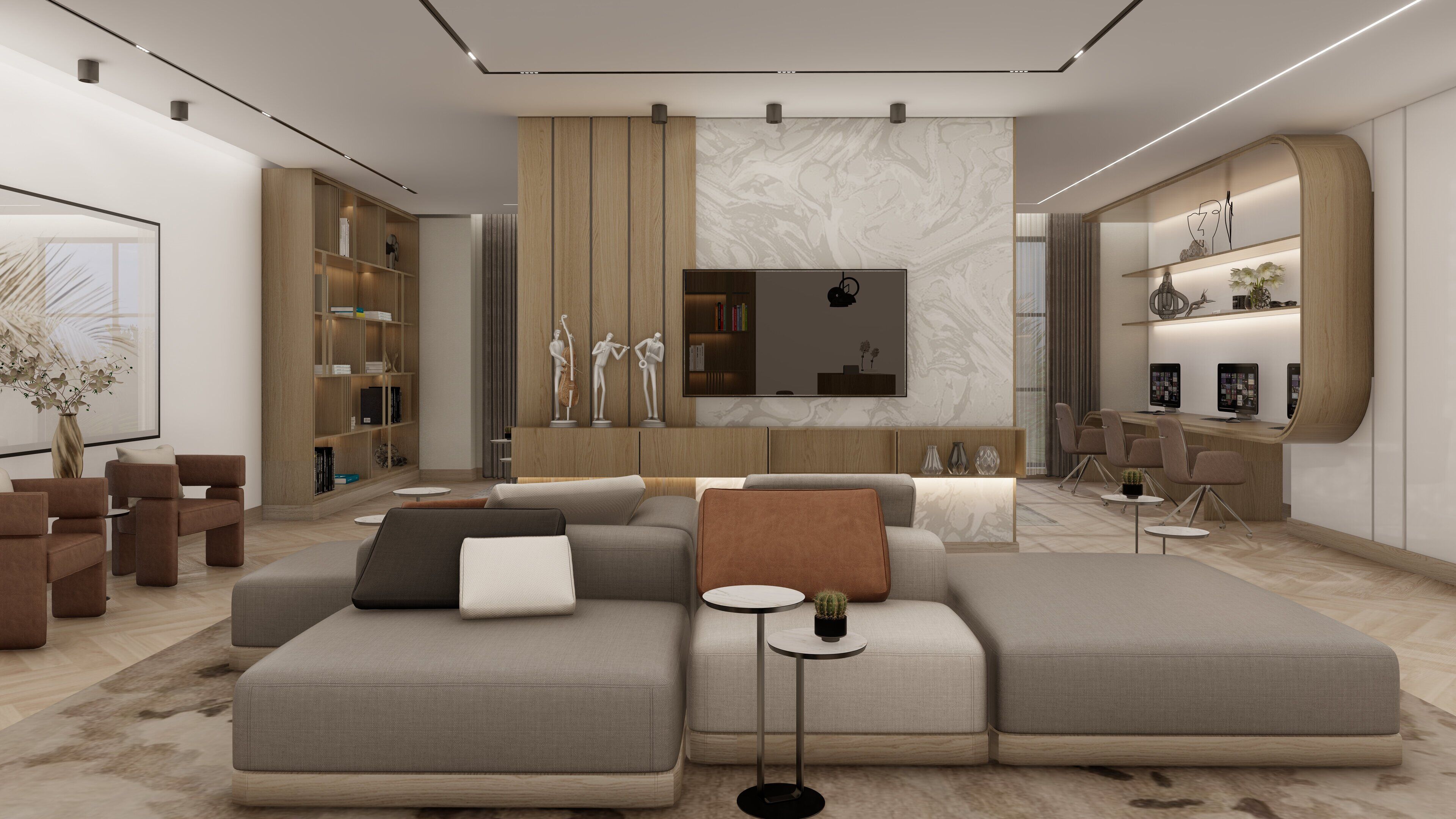 Una sala de estar moderna con un sofá modular, un televisor de pantalla plana y una estantería.