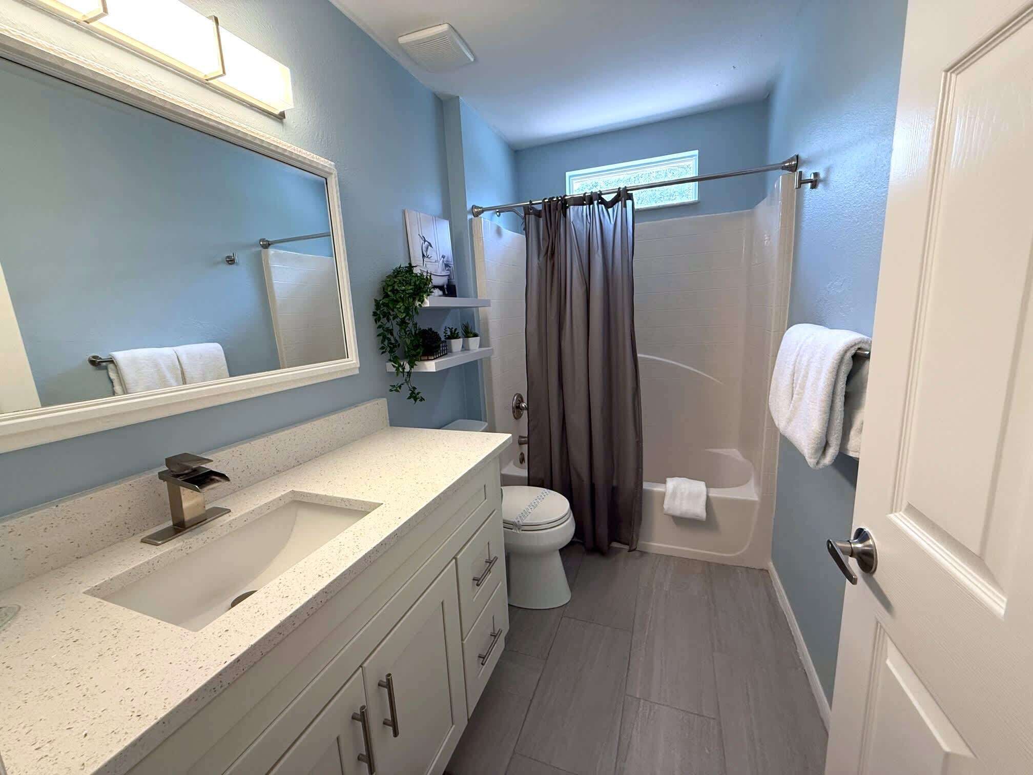 A bathroom with a white vanity, a toilet, a shower with a curtain, and a mirror.
