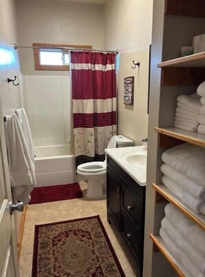 Hair dryer, towels, soap, shampoo
