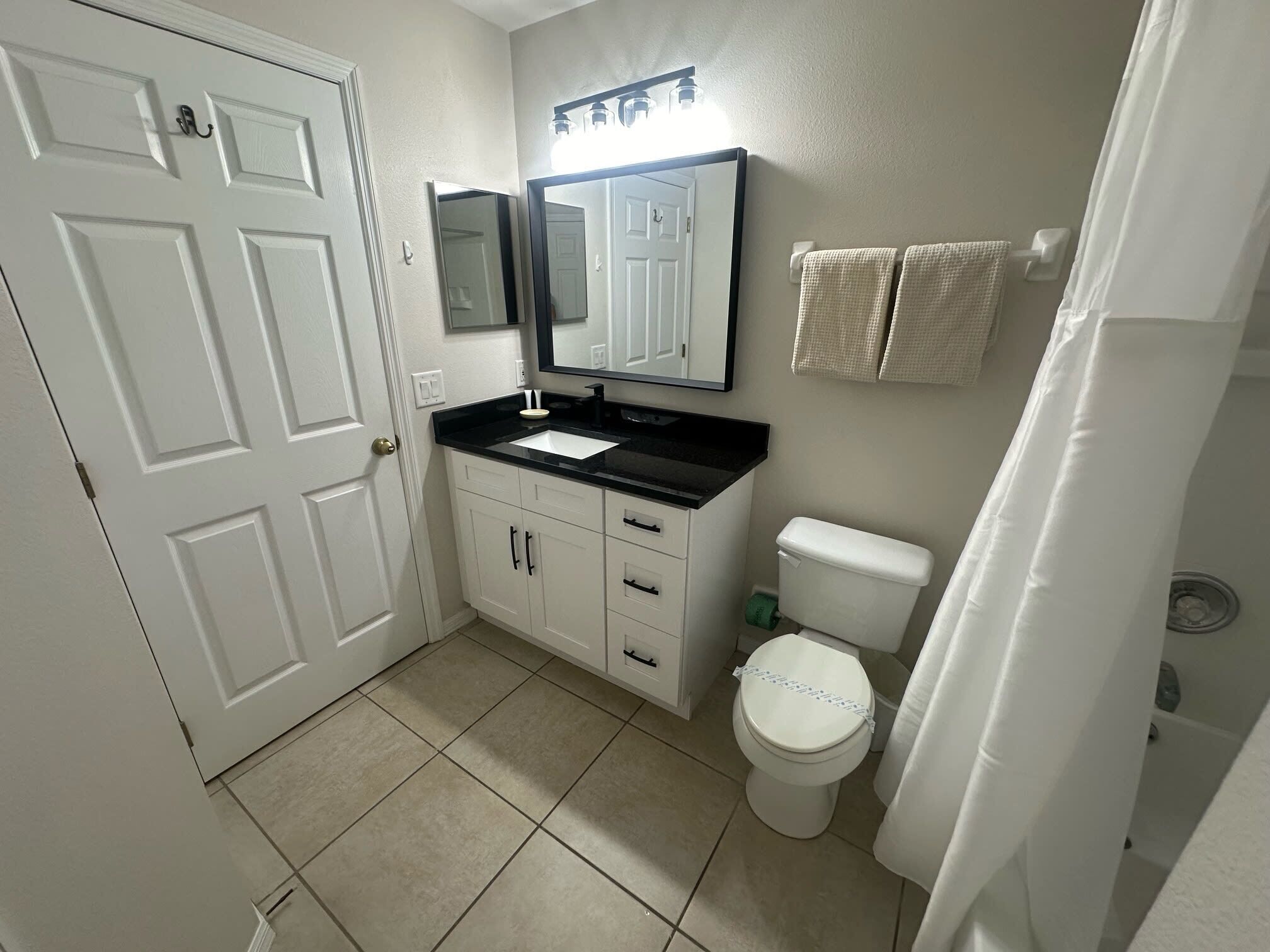 A bathroom with a white toilet, a black sink, a mirror above the sink, and a shower curtain.