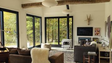 Smart TV, fireplace, books, stereo