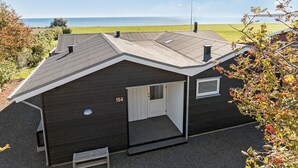 Une petite cabane en bois sombre, avec un toit en pente, une seule porte et une petite fenêtre.