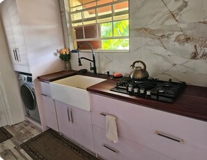 Fridge, microwave, oven, stovetop