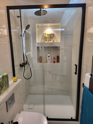 Sèche-cheveux, serviettes fournies, savon, papier toilette