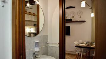 Shower, hair dryer, bidet, towels