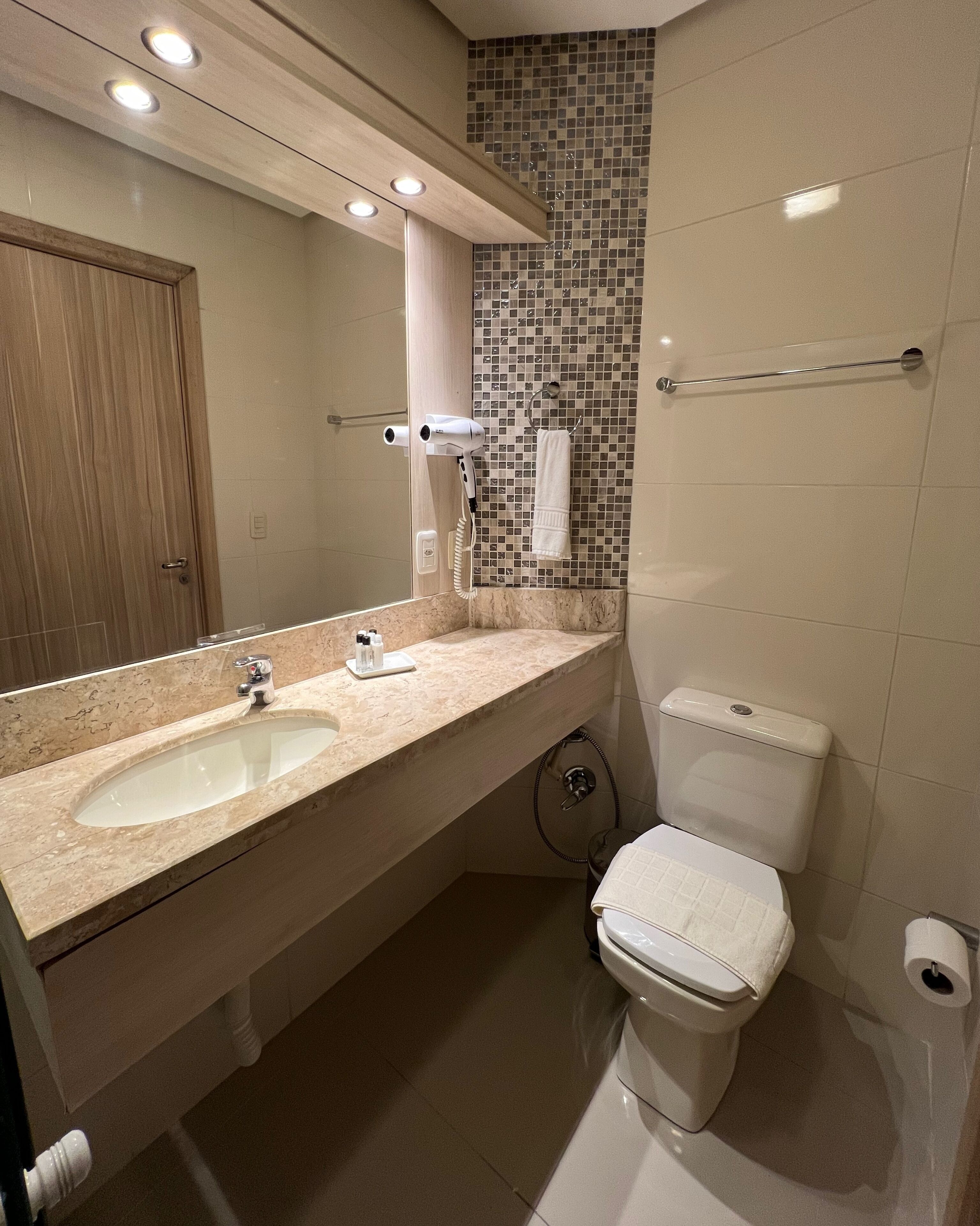 Een moderne badkamer met een marmeren aanrechtblad, een wastafel, een toilet en een spiegel.