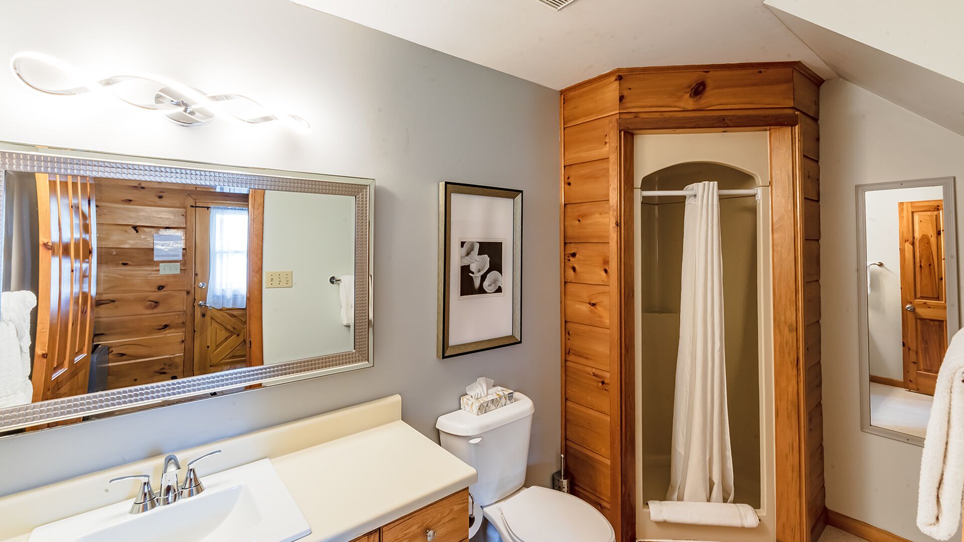 Un baño con tocador de madera, un espejo grande, un cuadro enmarco, cortina de ducha y un inodoro.