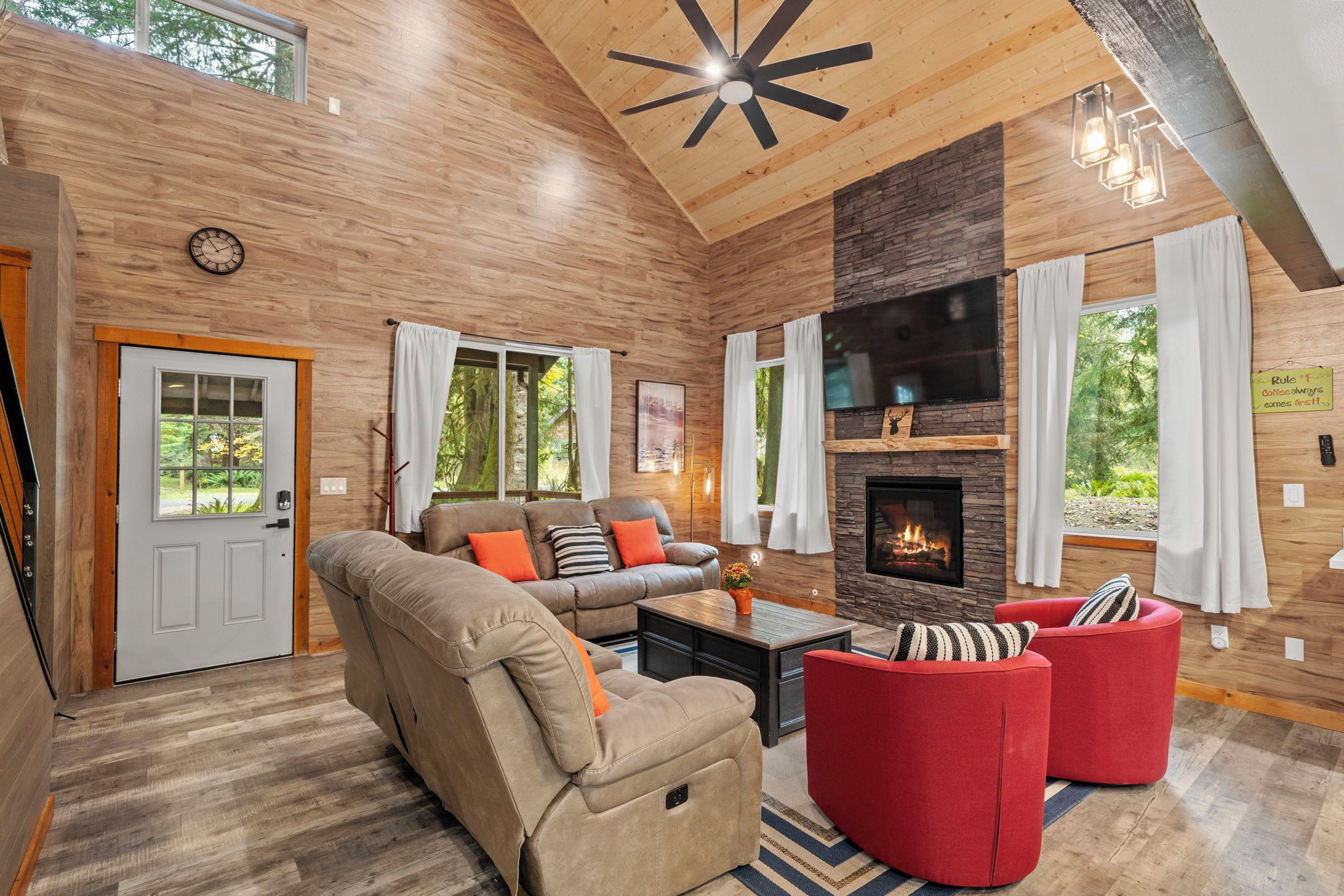 Kick back by the fire after a day of mountain adventures.