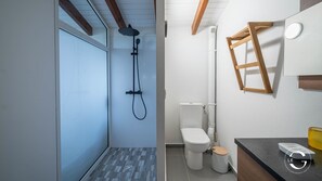 A modern bathroom with a shower, toilet, and sink. - Le Gaetana hôtel  (Sainte-Rose)