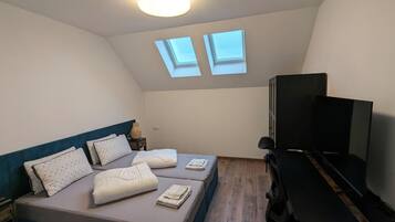 A bedroom with a bed, two pillows, a bedside table with a lamp, a TV, and two skylights.