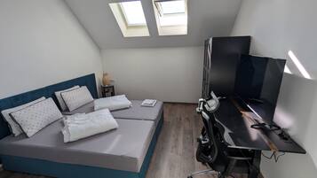 Una stanza compatta con un letto, una scrivania e una TV. Due finestre lasciano filtrare luce naturale.