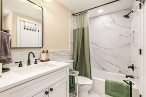 Hair dryer, towels, soap, shampoo