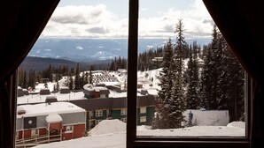A window with a view of a snowy landscape, buildings, and trees.