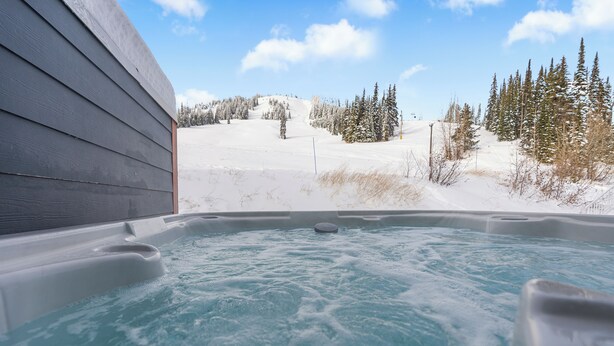 A hot tub with a view of a snowy landscape and trees. - Charming 2-Bedroom Suite – Perfect for Families & Groups (Vernon)