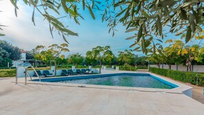 A rectangular swimming pool with a tiled deck, surrounded by greenery and trees. - Stunning apartment in Zaton (Zaton)