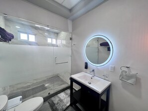 Hair dryer, towels, soap, toilet paper