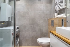 Shower, free toiletries, hair dryer, towels