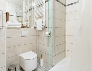 Shower, hair dryer, towels