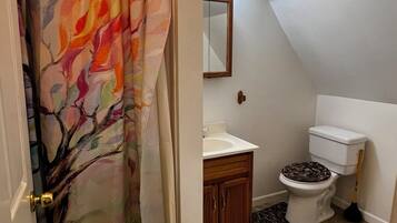 Shower, towels, soap, toilet paper