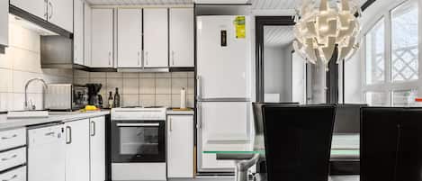 Fridge, stovetop, dishwasher, coffee/tea maker