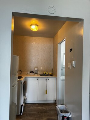 Stort kylskåp, mikrovågsugn, ugn och spishäll