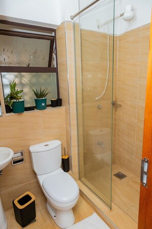 Een douche, een haardroger, een bidet, handdoeken