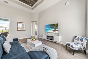 Smart TV, fireplace, video games, books
