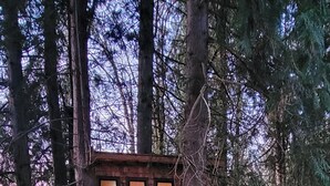Una casa del árbol de madera con balcón, rodeada de árboles altos.
