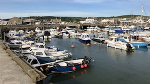 A marina with various boats docked, a stone wall, and buildings in the background. - Strand Cottage - Burton Bradstock, Bridport (Burton Bradstock)