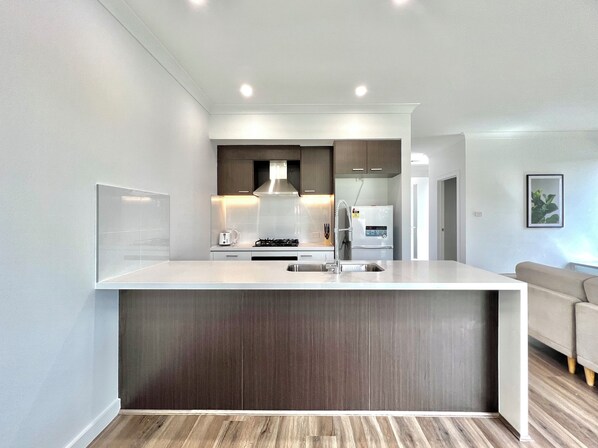 Fridge, microwave, oven, stovetop