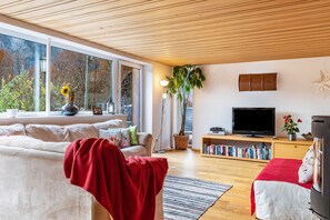 TV, fireplace - Holiday Home 'Am Berg' with Mountain View, Terrace, Sauna and Wi-Fi (Hirschau)