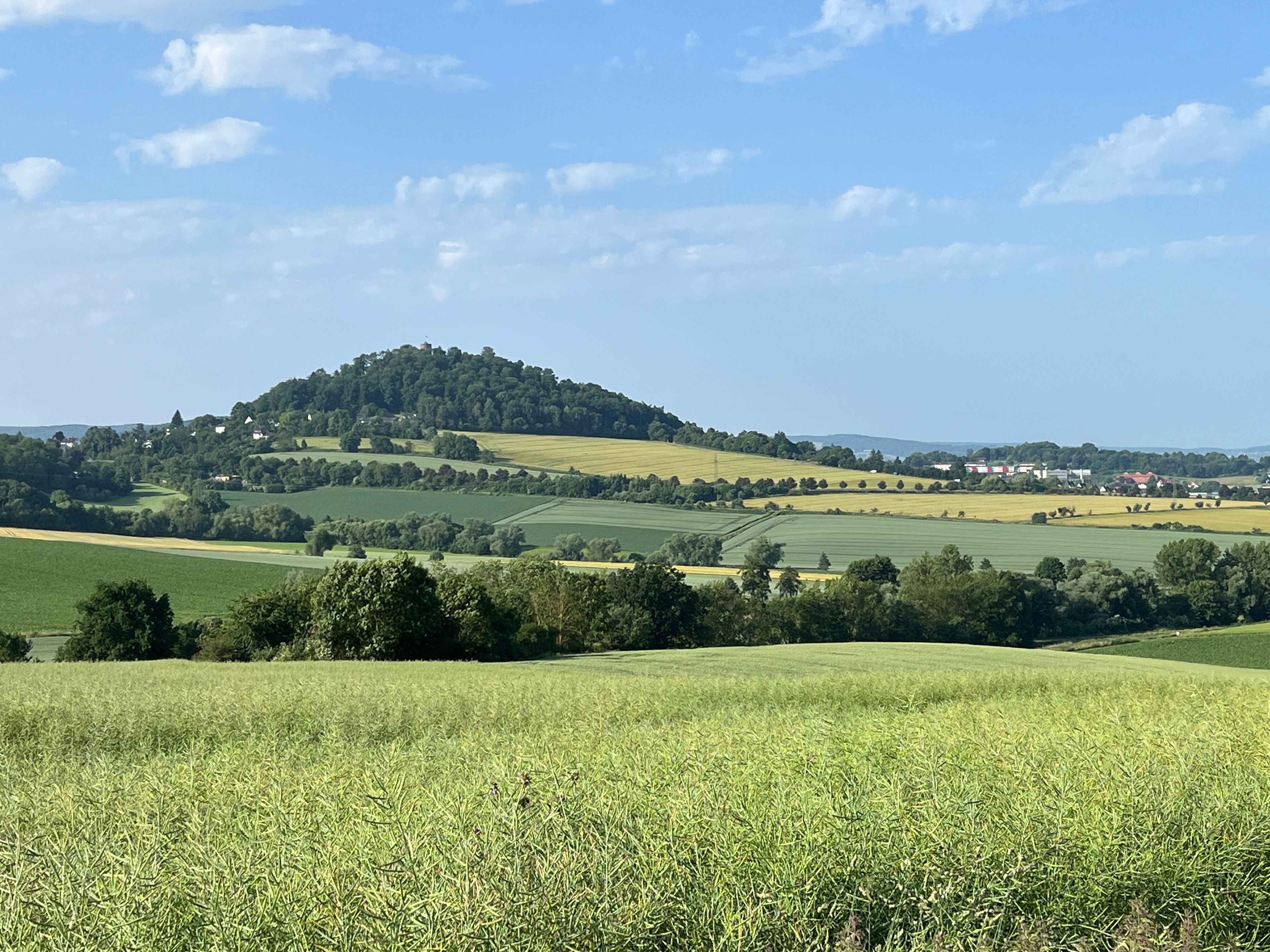 Een landelijk landschap met glooiende heuvels, velden en een kleine groep huizen op een heuvel.