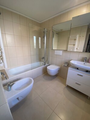 Shower, hair dryer, bidet, towels