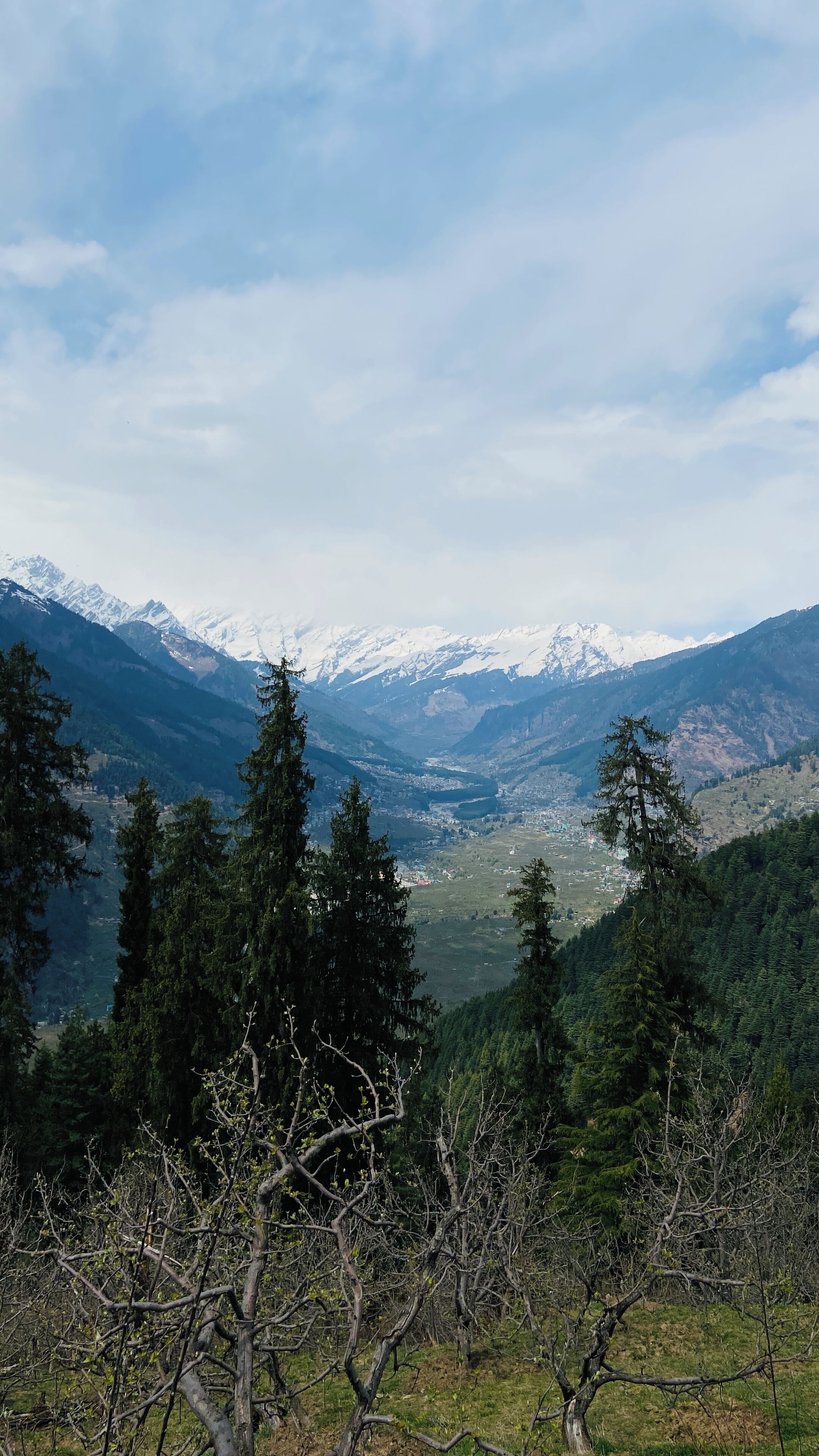 A mountainous landscape with snow-capped peaks, dense forest, and a valley with scattered buildings.