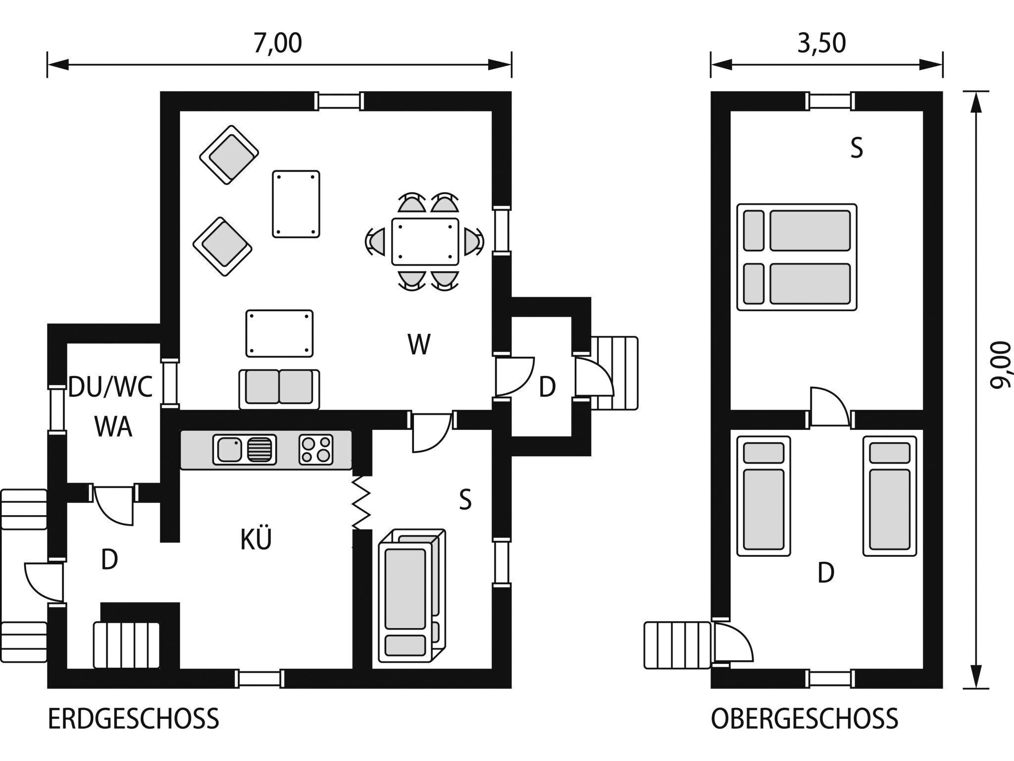 A floor plan of a hotel with two rooms, each with a kitchenette, a bathroom, and a dining area. The left room has a larger living space with a sofa and a TV, while the right room has a smaller living area with a single sofa. Both rooms have a window and a door.