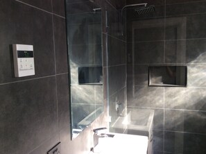 Shower, towels, soap, toilet paper