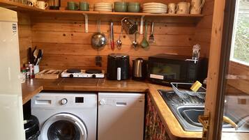 Cabin | Private kitchen | Fridge, microwave, oven, stovetop