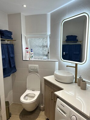 Shower, hair dryer, towels, toilet paper