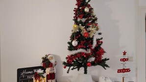 Ein Weihnachtsbaum mit Schmuck, eine Weihnachtsmannfigur, ein Schild mit der Aufschrift 'Home Welcome Passerby Les 4' und verschiedene kleine Weihnachtsdekorationen.